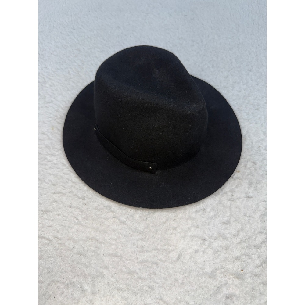 Anthropologie Black Wool Felt Fedora Wide Brim Hat Adjustable Boho Classic